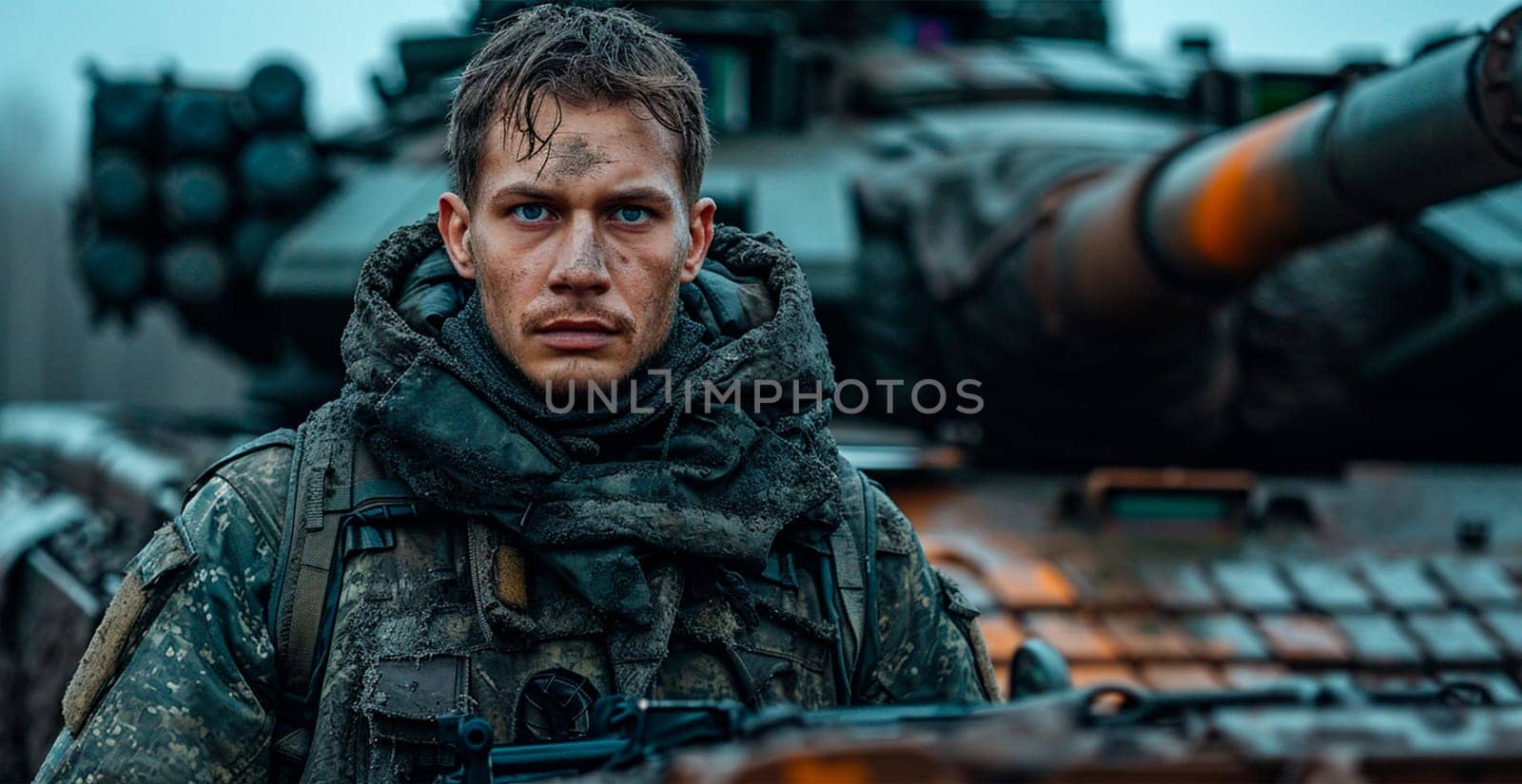 Military armored tank, soldier tanker on the battlefield, military conflict AI generated image