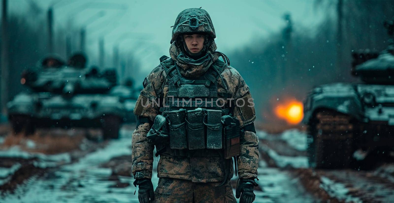 Military armored tank, soldier tanker on the battlefield, military conflict AI generated image