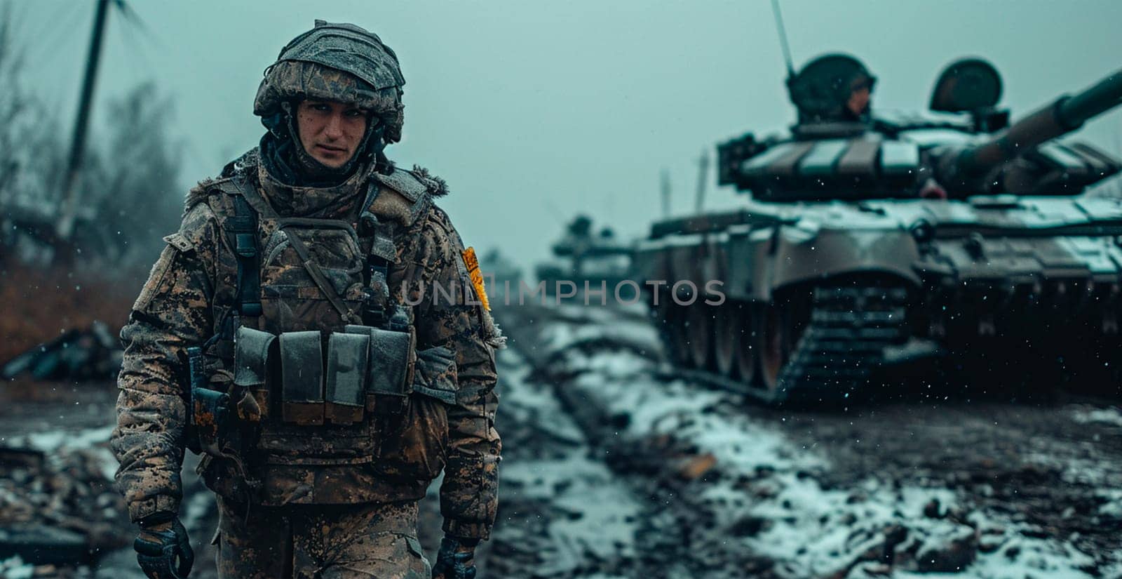 Military armored tank, soldier tanker on the battlefield, military conflict AI generated image