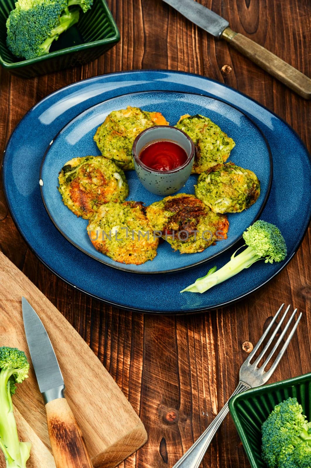 Vegan broccoli cutlets, vegetarian food. Cabbage cutlets. Flat lay.
