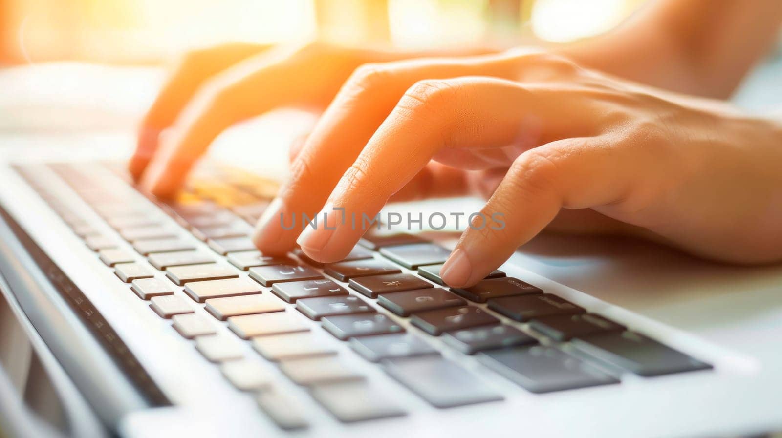 Person using laptop computer at office. Close up of  hands typing on laptop keyboard in office. Blogger, journalist writing new article. AI generated