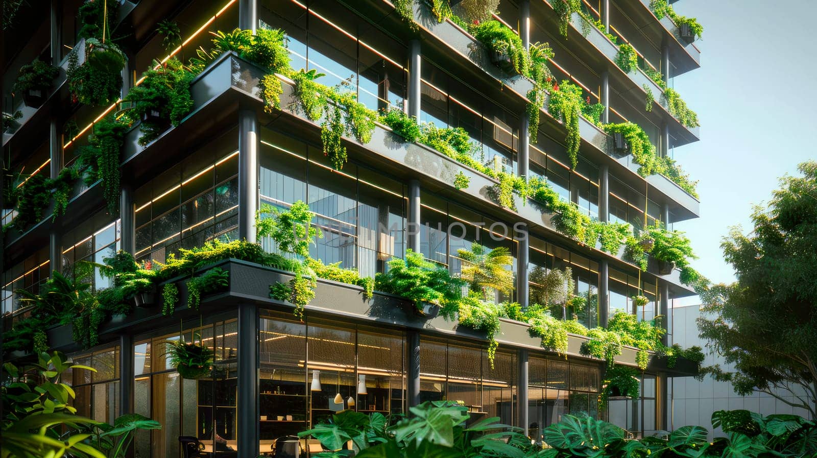 Eco architecture. Green skyscraper with greenery on the facade. Ecology and green living in city, urban environment concept. AI generated