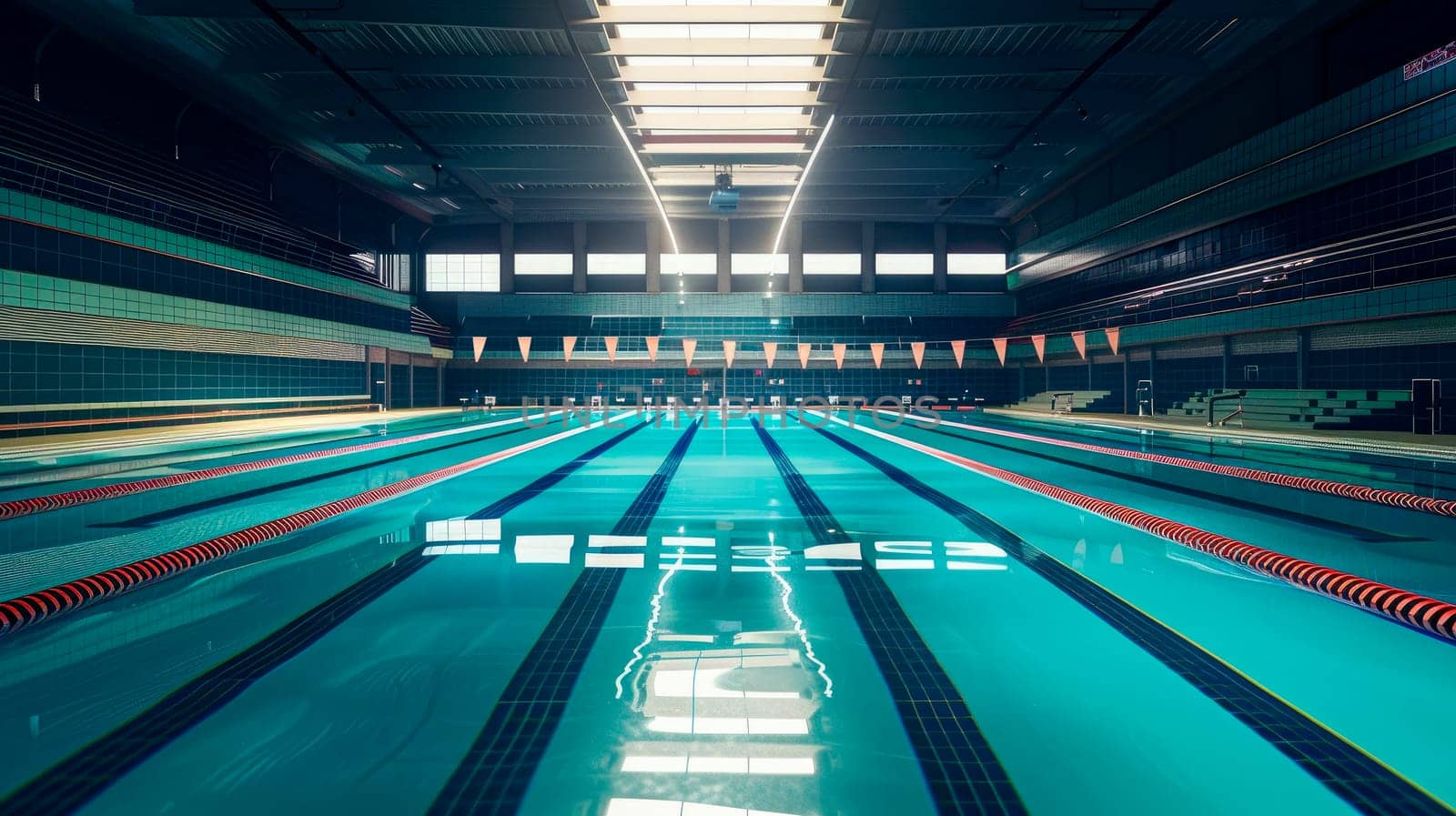Swimming pool interior. Indoors swimming pool with blue water. Swimming pool for training. AI generated