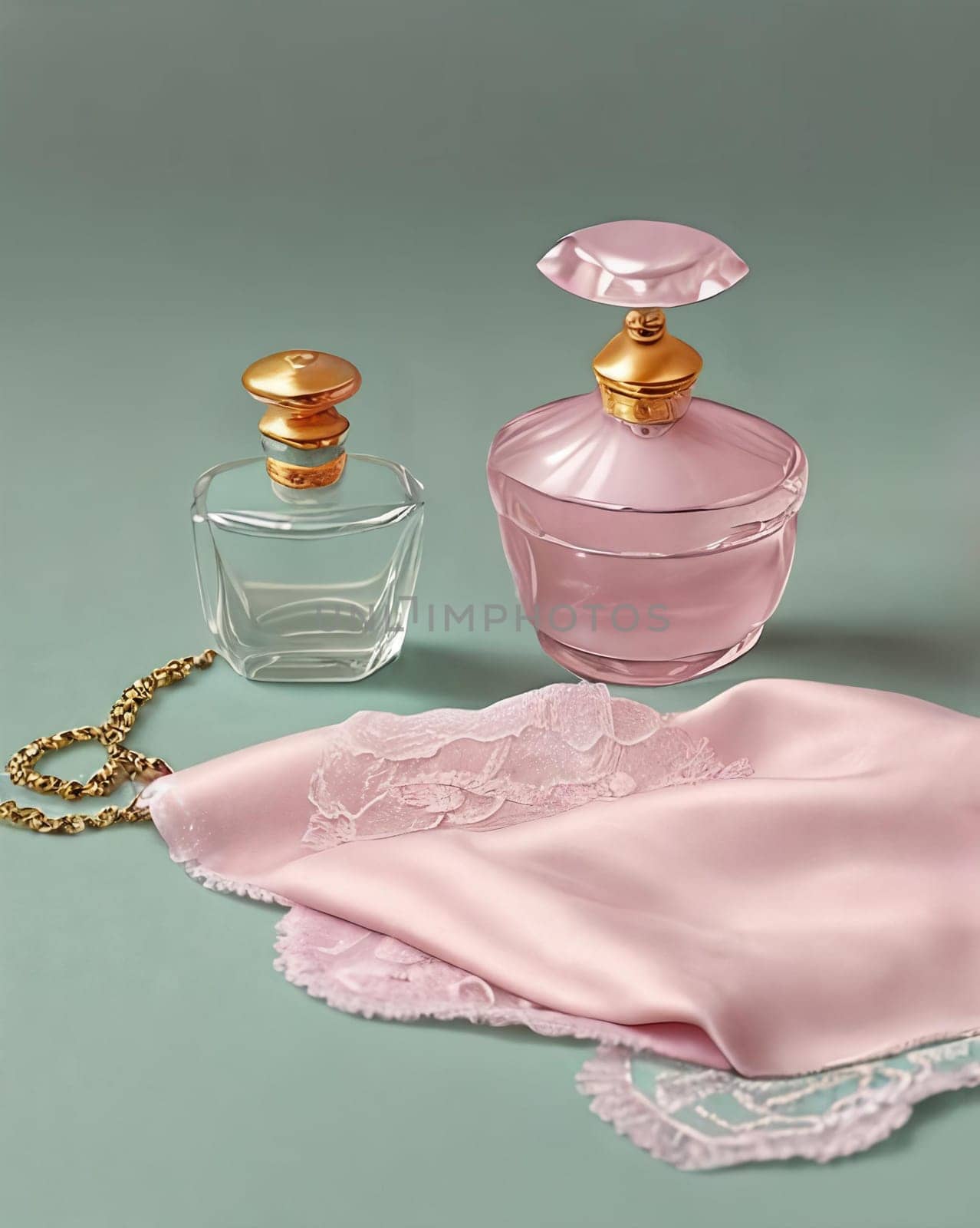 Pastel Palette. A still life scene featuring pastel-colored feminine accessories like a delicate pearl necklace, a lace handkerchief, and a vintage perfume bottle against a soft textured background for a sophisticated and timeless look.