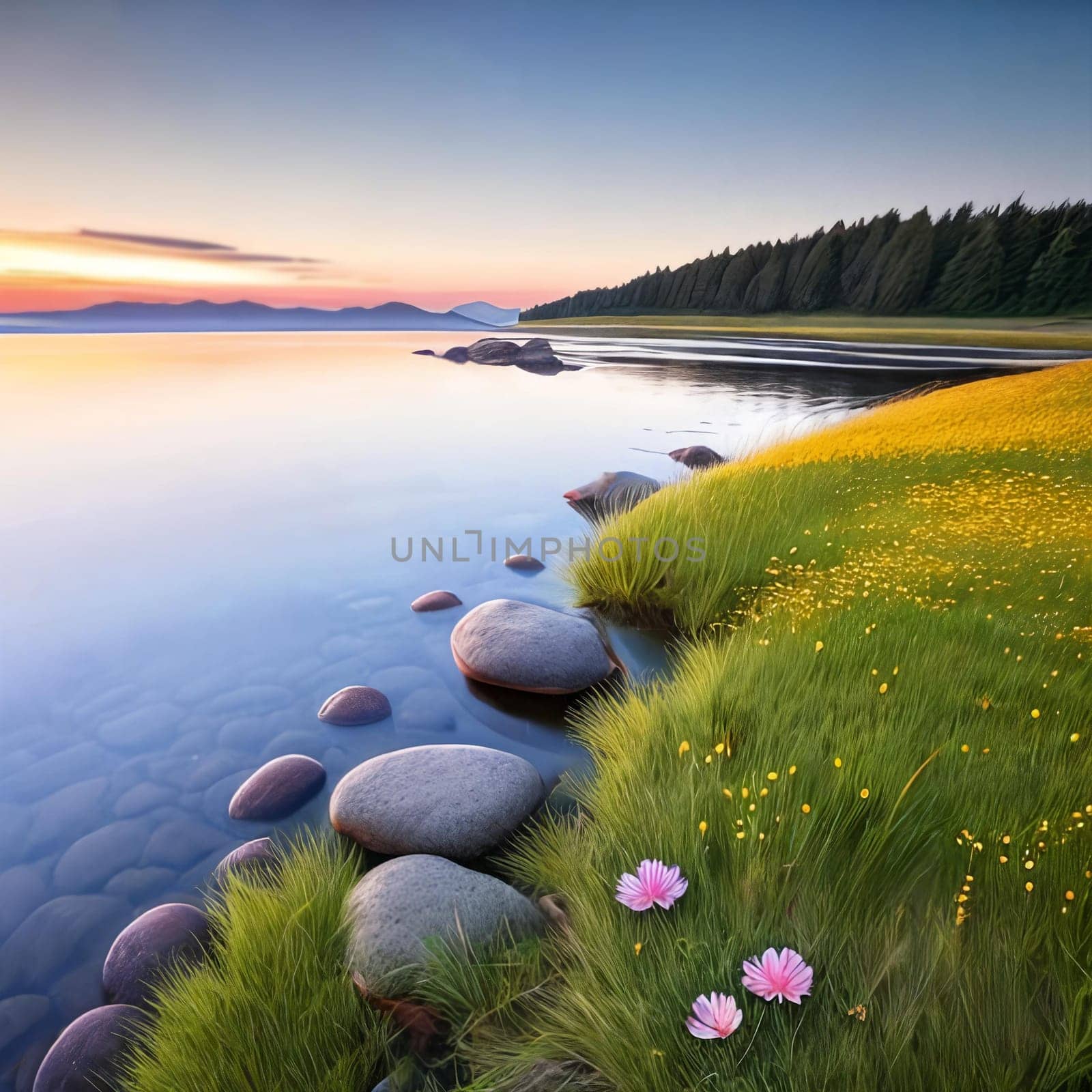 Inspirational Nature. A serene landscape photograph of a peaceful meadow at sunrise with a single flower resting on a rock or in the grass to convey a sense of tranquility and inner strength.