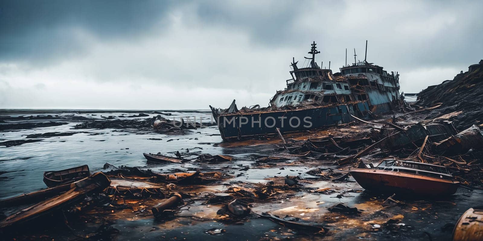 Shipwrecked World. Post-apocalyptic coastal scene with sunken ships, washed-up debris, and a desolate shoreline overlooking a vast and unforgiving sea.
