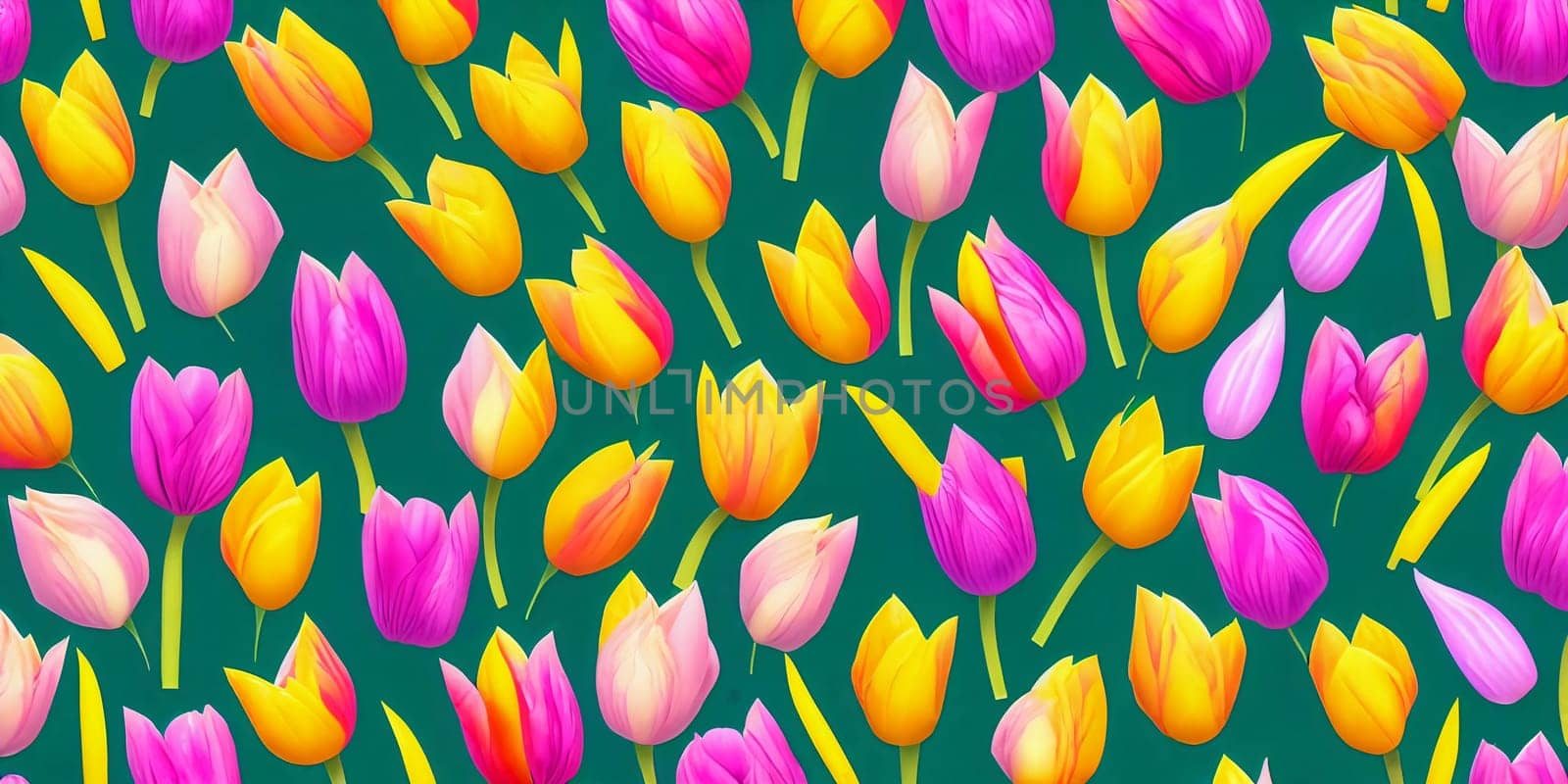 Vibrant spring-themed background featuring a variety of colorful tulips arranged in a visually appealing pattern. Panorama