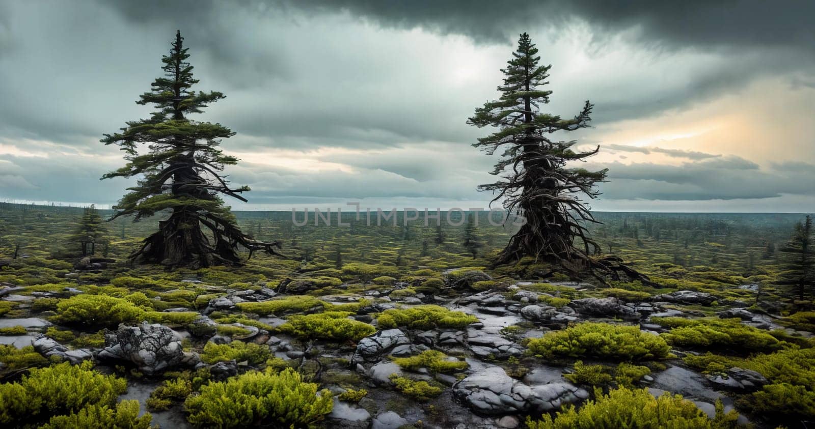 Post-nuclear Wilderness. Landscape transformed by nuclear fallout, featuring mutated flora, eerie rock formations, and a toxic sky tinged with ominous hues.