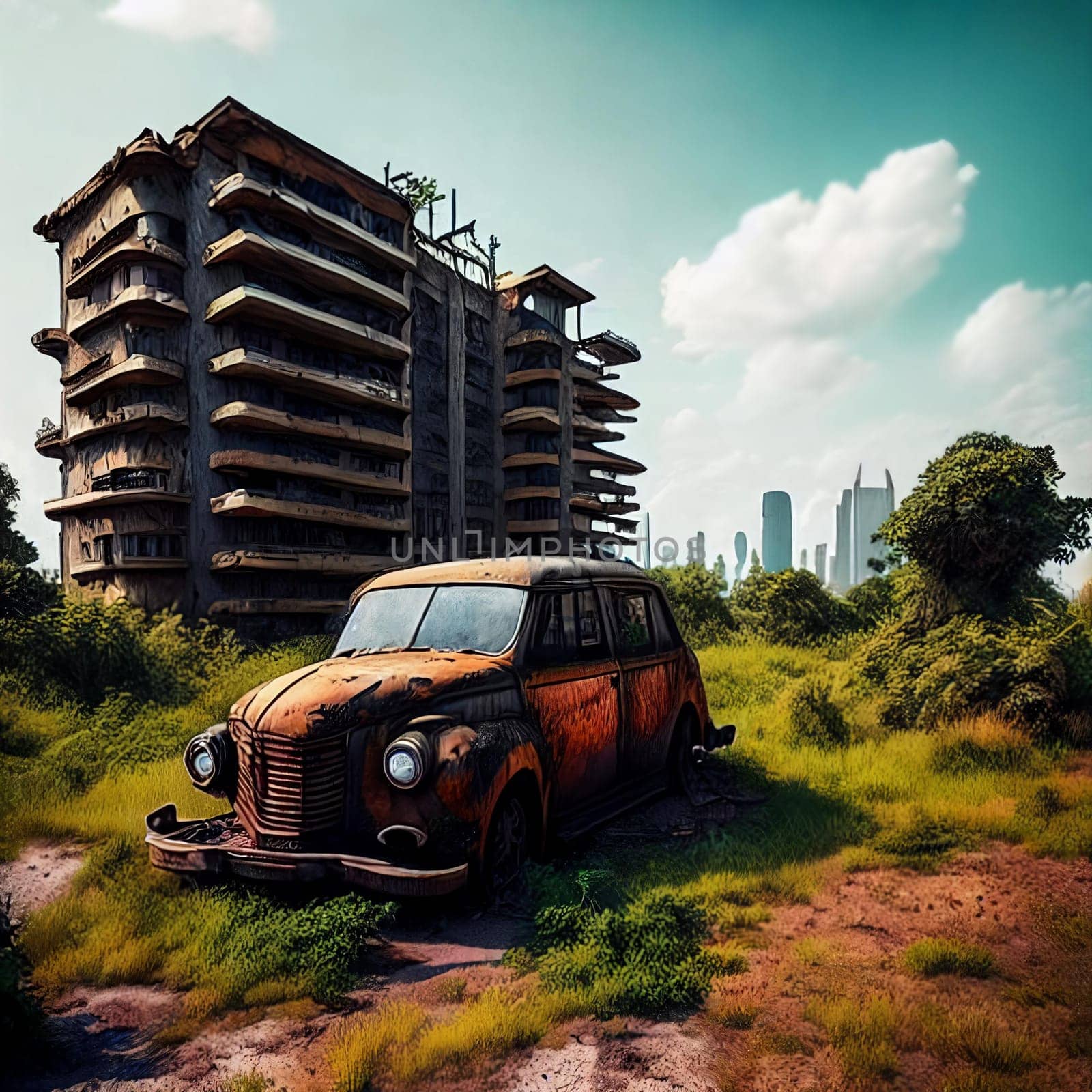 Abandoned cityscape, Deserted cityscape overgrown with vegetation, showcasing dilapidated skyscrapers, rusted cars, and nature reclaiming the urban environment.