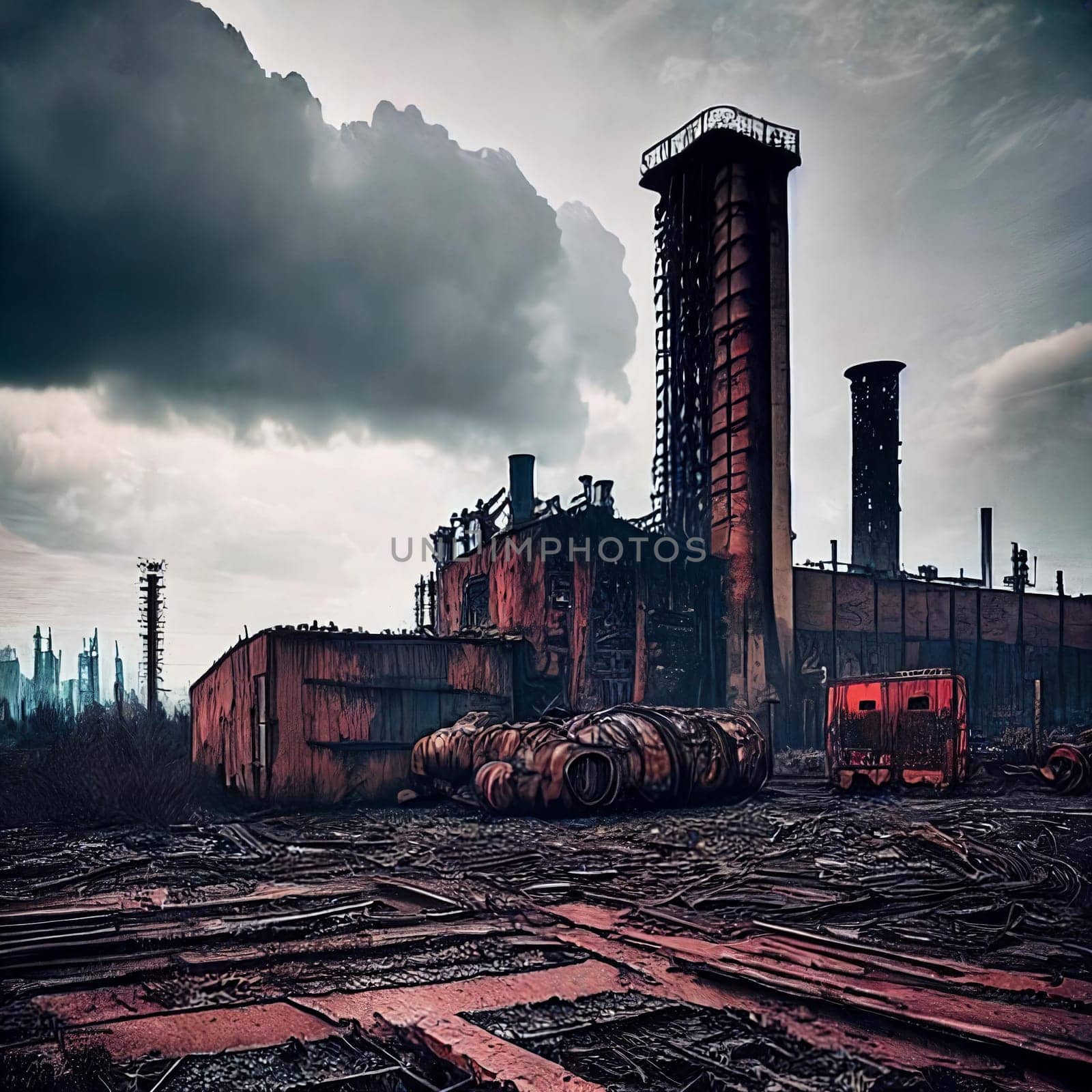 Industrial Decay. Industrial area in decay, with abandoned factories, rusty machinery, and a polluted skyline creating a haunting scene of industrial collapse.
