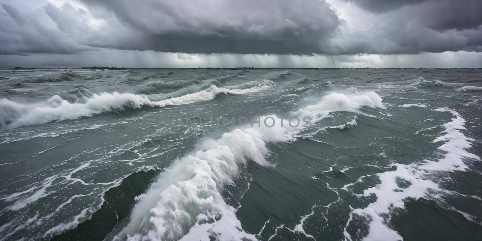 The power of a destructive hurricane by capturing the immense storm surge flooding coastal areas, showcasing the relentless force of nature's wrath. Panorama