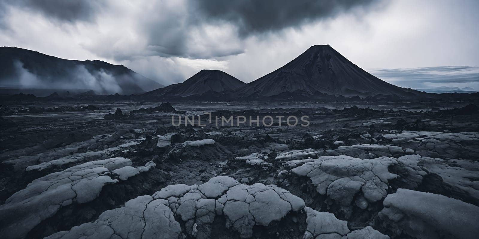 The aftermath of a volcanic eruption with layers of ash covering the surrounding landscape, creating an eerie and monochromatic scene that portrays the devastation caused by the event. Panorama