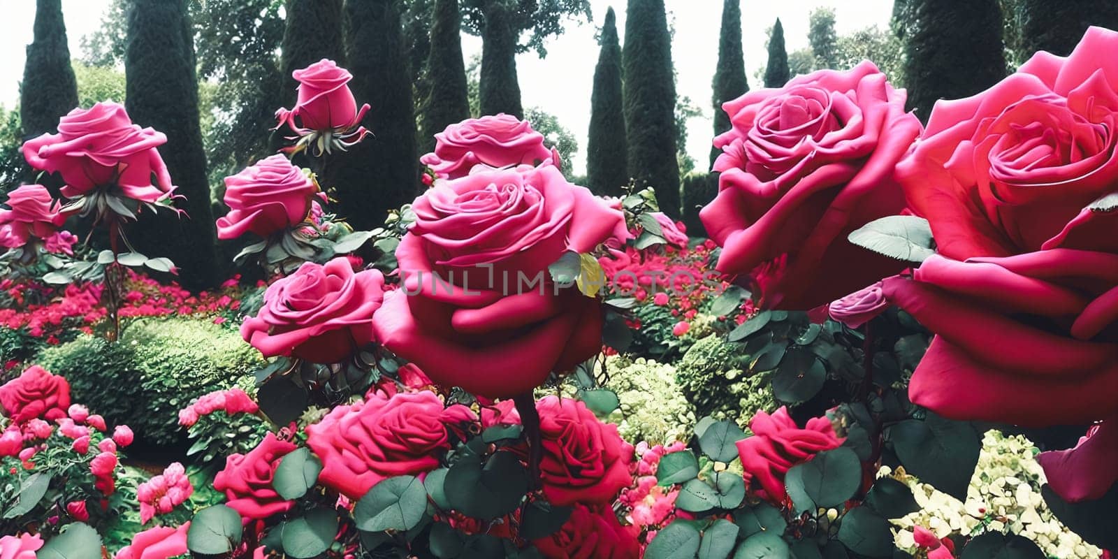 Timeless beauty of a classic rose garden in full bloom. Different angles and perspectives to showcase the rich colors and exquisite petal formations of various rose varieties. Panorama