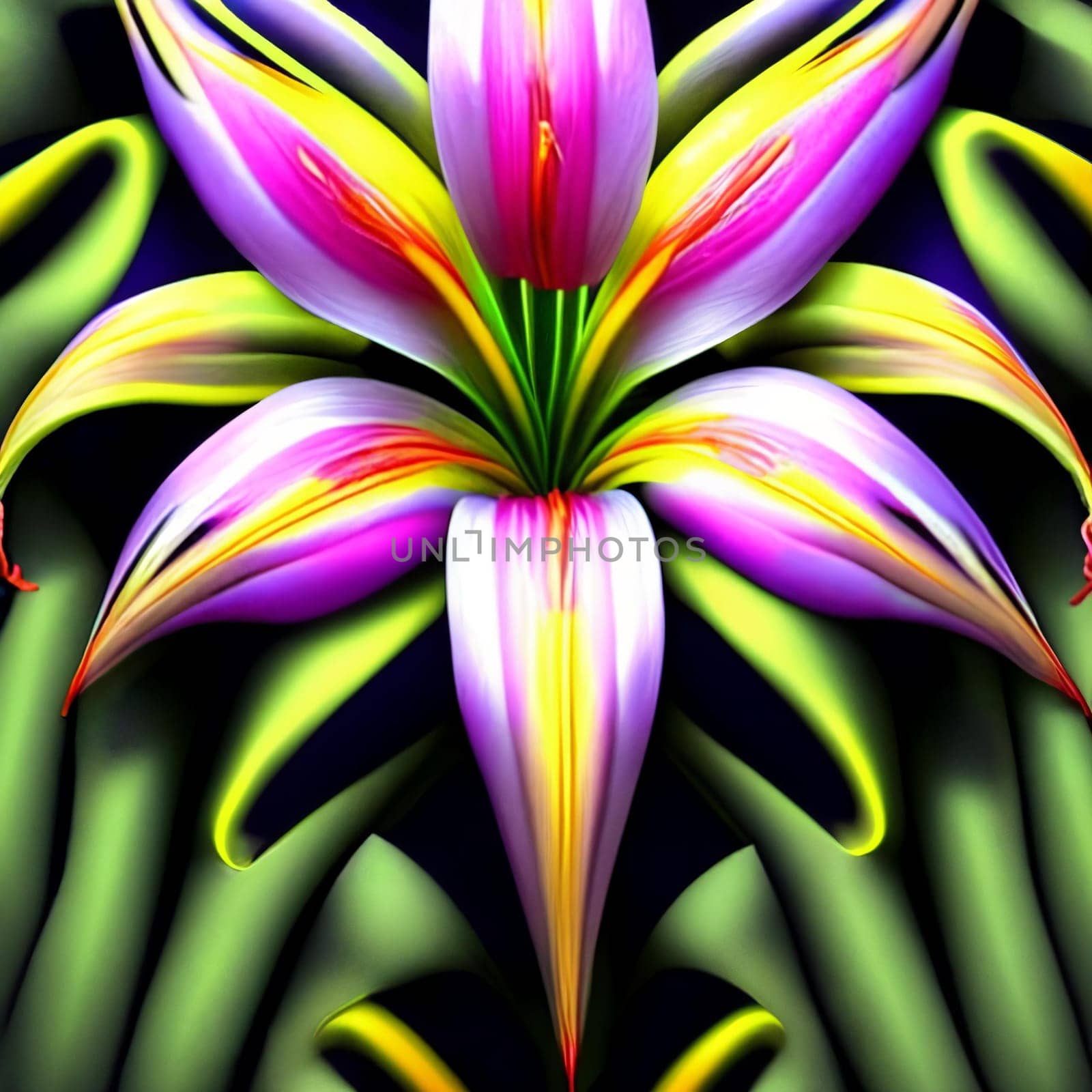 Beauty of symmetry by arranging an assortment of vibrant lilies in a geometric pattern. Panorama