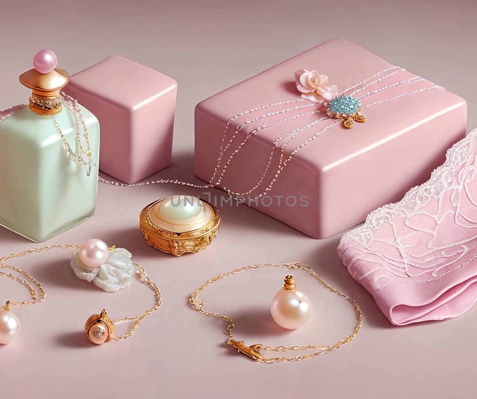 Pastel Palette. A still life scene featuring pastel-colored feminine accessories like a delicate pearl necklace, a lace handkerchief, and a vintage perfume bottle against a soft textured background for a sophisticated and timeless look.
