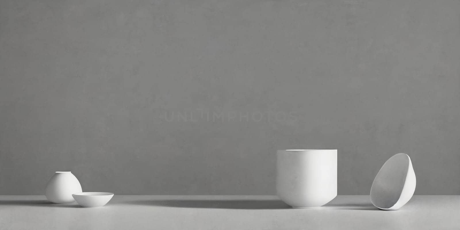 Composition of simple objects against plain grey background. Ai Generative