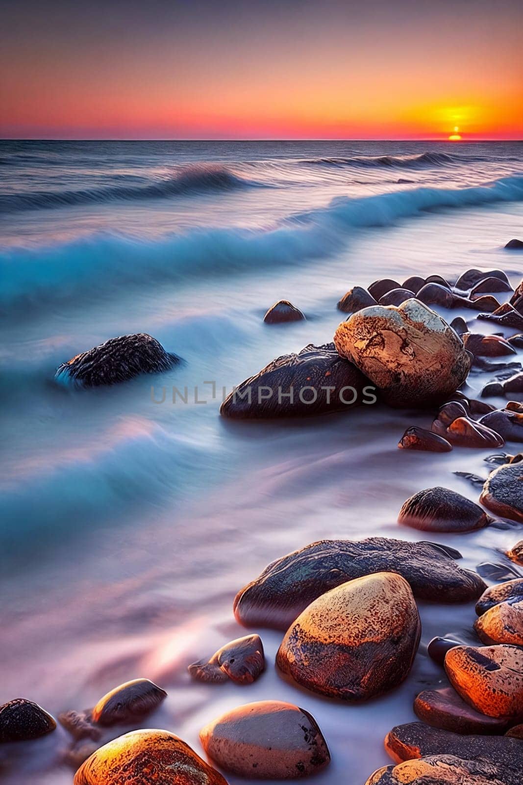 Coastal Charm. Rugged beauty of a coastline at sunset, capturing the intricate patterns of rocks and shells washed by the gentle waves under the warm, golden light.
