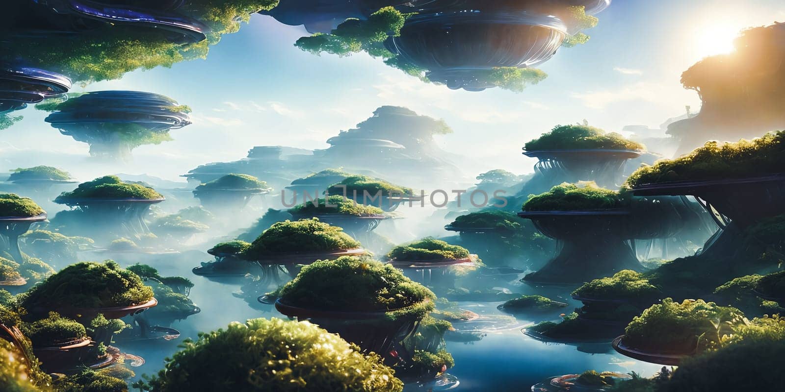 Orbital Oasis. Lush garden floating in the vacuum of space, nurtured by artificial sunlight and surrounded by a protective bubble of transparent force fields.