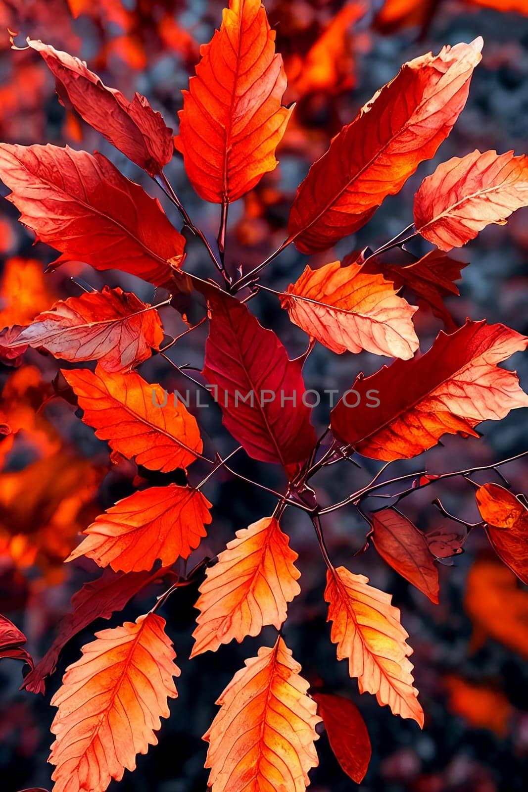 Autumn Elegance. Rich colors and textures of fall foliage at sunset, capturing the intricate details of individual leaves as they glow in the fading light of the day.