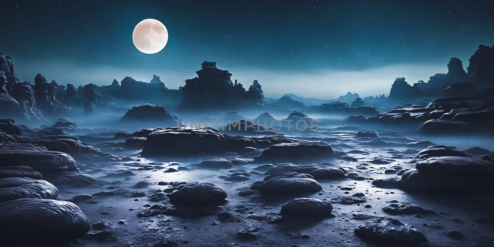 Lunar Dreamscape. Dreamy depiction of a moonlit landscape on a desolate alien world, rendered with glowing phosphorescent flora and eerie rock formations under a sky filled with crescent moons and distant planetary bodies.
