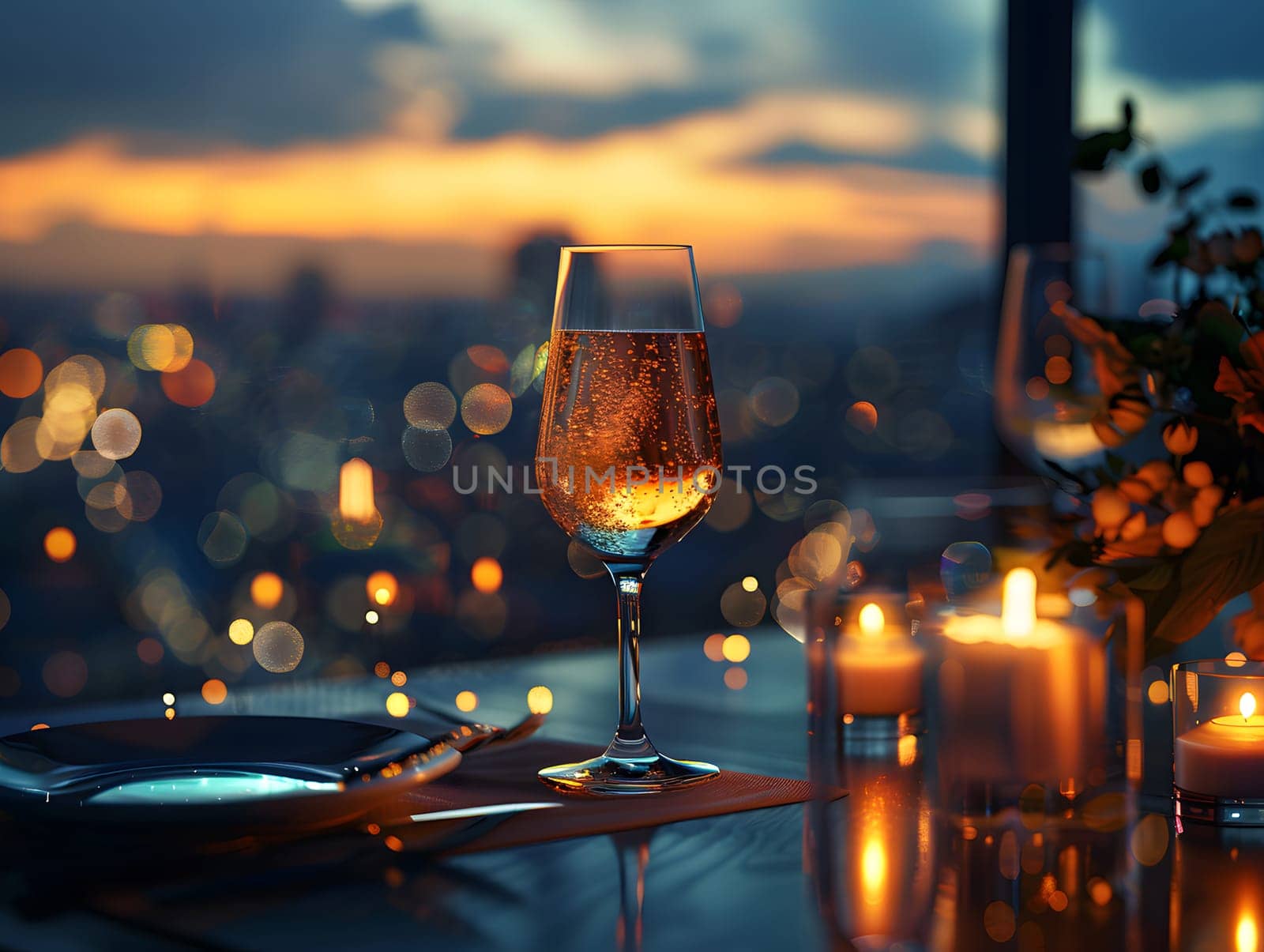 A luxurious dinner table in a pleasant atmosphere. The beautiful scenery makes for a wonderful night. Images like this are often used to post on social media, write blogs or set as wallpaper.