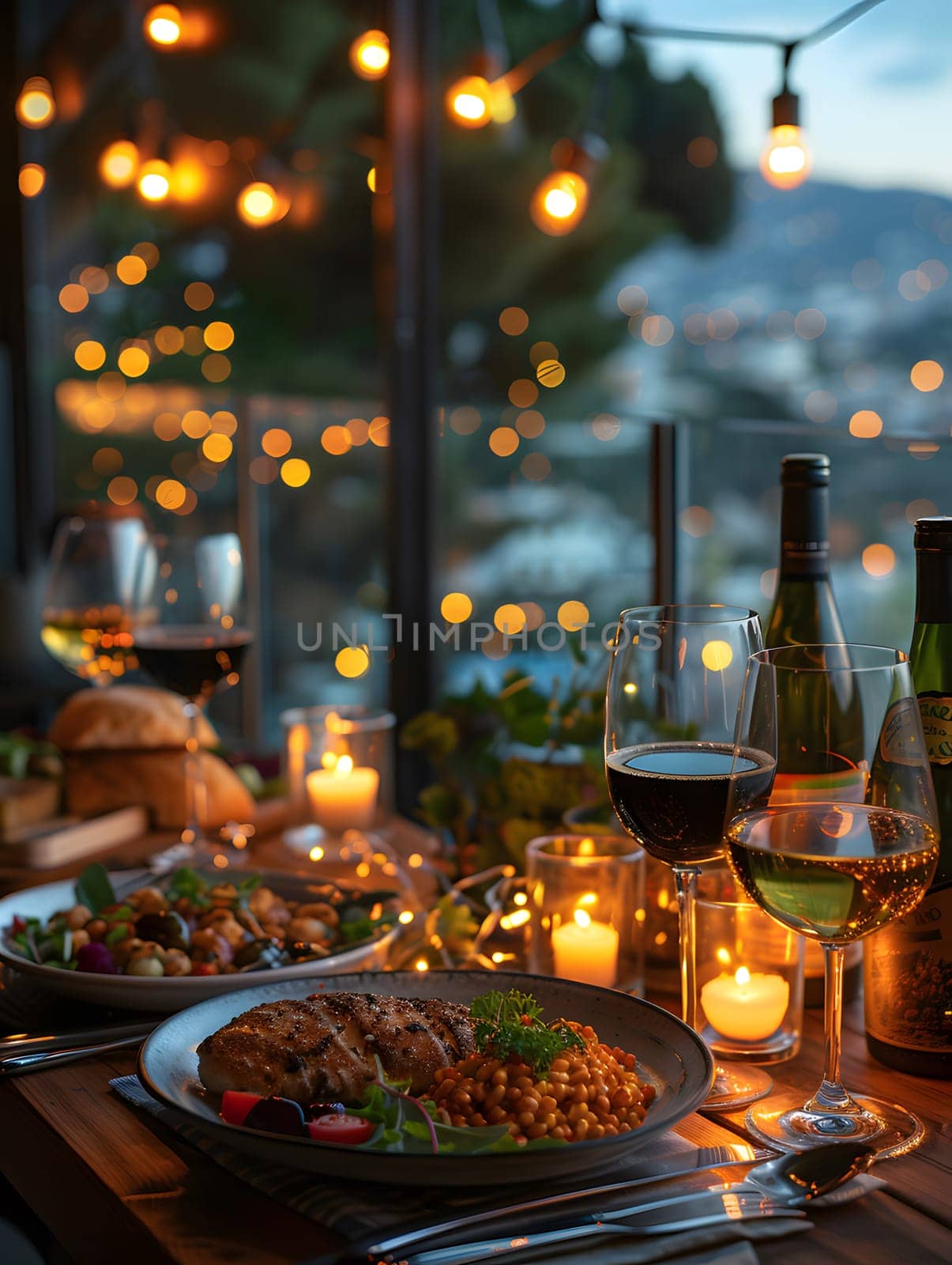 A luxurious dinner table in a pleasant atmosphere. The beautiful scenery makes for a wonderful night. Images like this are often used to post on social media, write blogs or set as wallpaper.