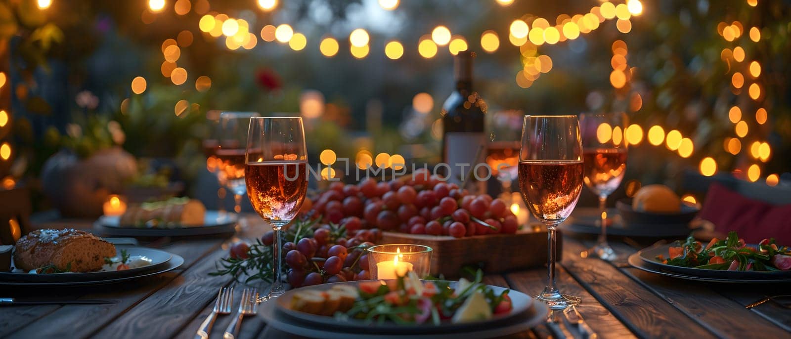 A luxurious dinner table in a pleasant atmosphere. The beautiful scenery makes for a wonderful night. Images like this are often used to post on social media, write blogs or set as wallpaper.