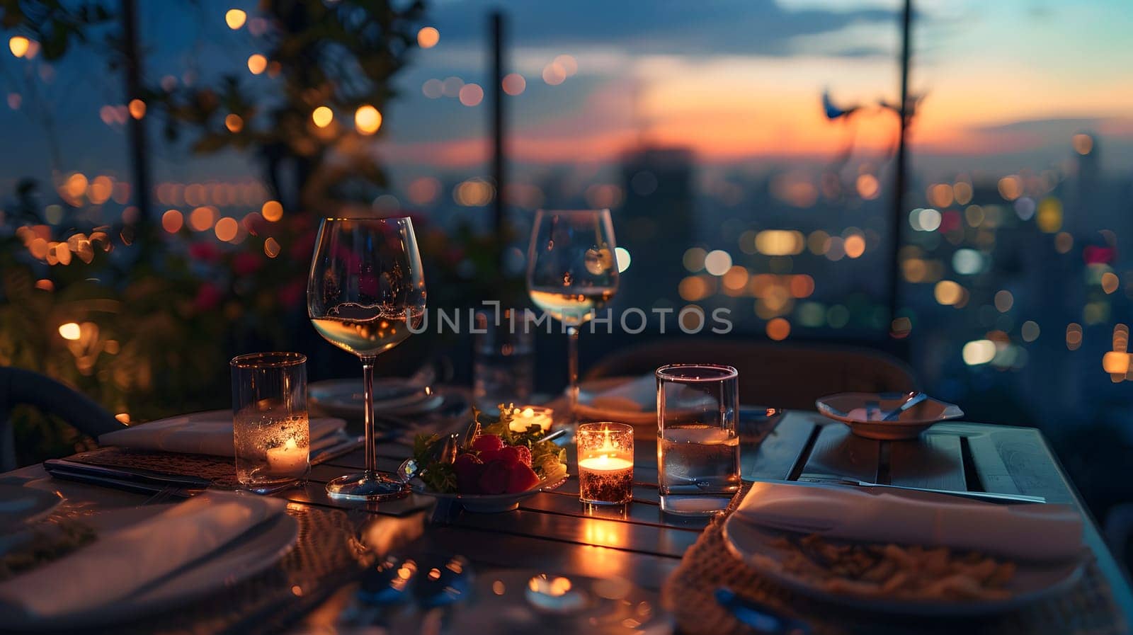 A luxurious dinner table in a pleasant atmosphere. The beautiful scenery makes for a wonderful night. Images like this are often used to post on social media, write blogs or set as wallpaper.