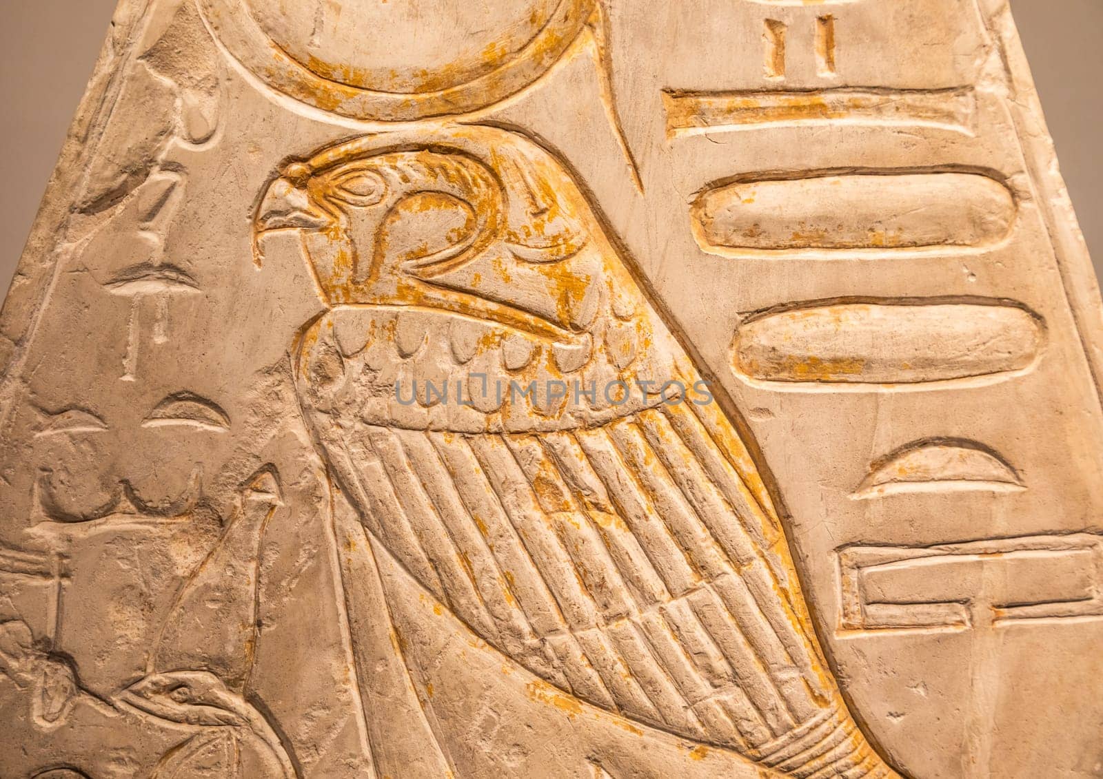 Turin, Italy - March 2023: Egyptian Museum, Pyramidion with Horus falcon - 1279 BC