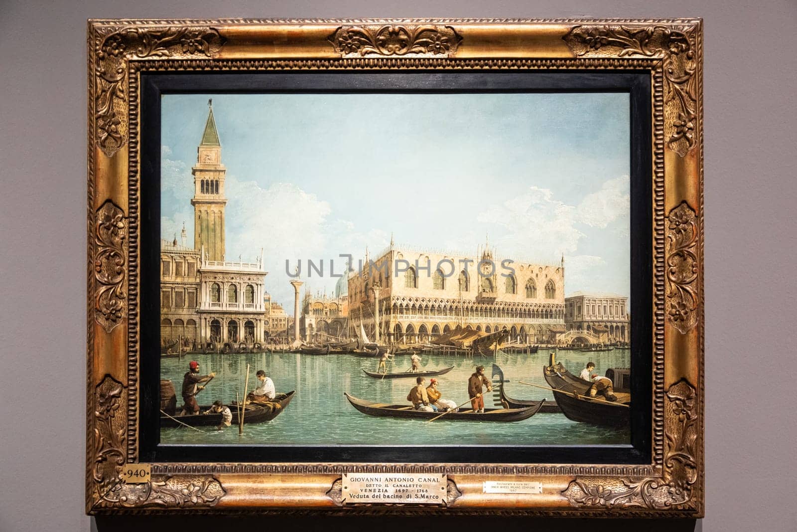 Milan, Italy - 23 September 2023: Brera antique painting museum. View of Venice, by Canaletto, 1745