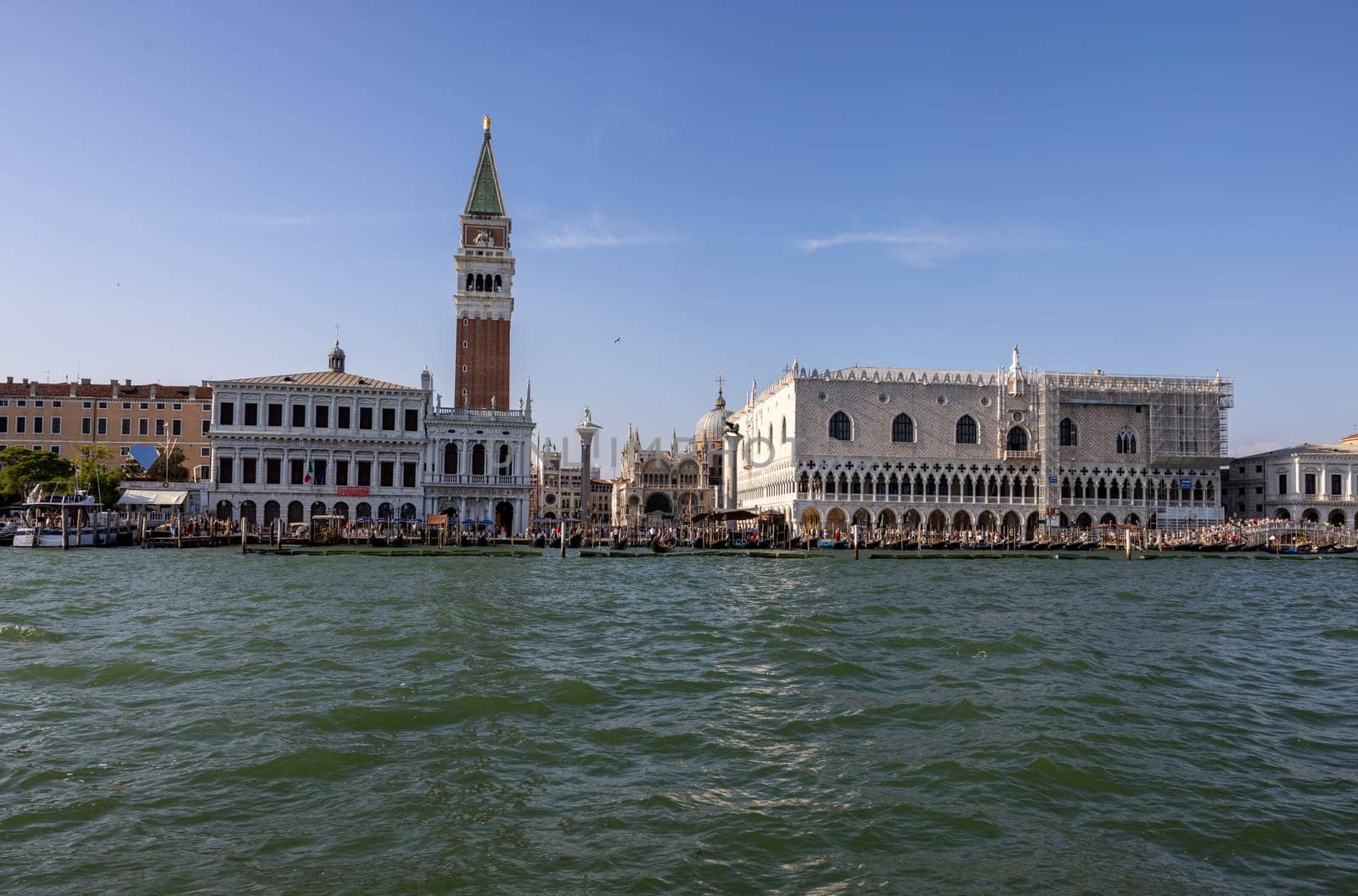 Venice, Italy - September 6, 2022: The Doge's Palace and Piazzetta San Marco seen from Bacino di San Marco. Venice, Italy