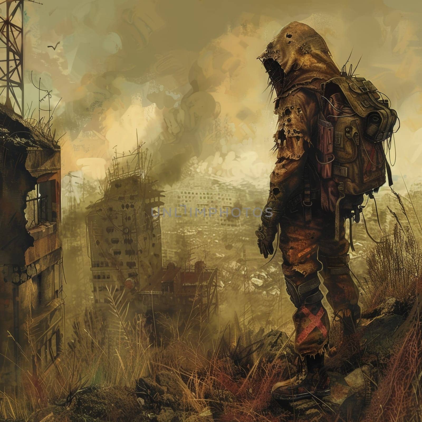 A lone wanderer in tattered clothing surveys a ruined cityscape, invoking a narrative of survival and resilience in a post-apocalyptic setting
