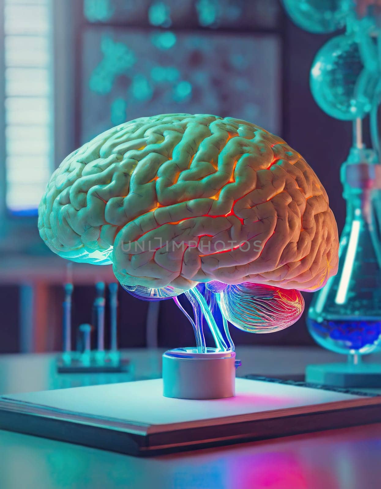 Artificial human brain as a scientific experiment on a laboratory table. AI concept in medicine and science