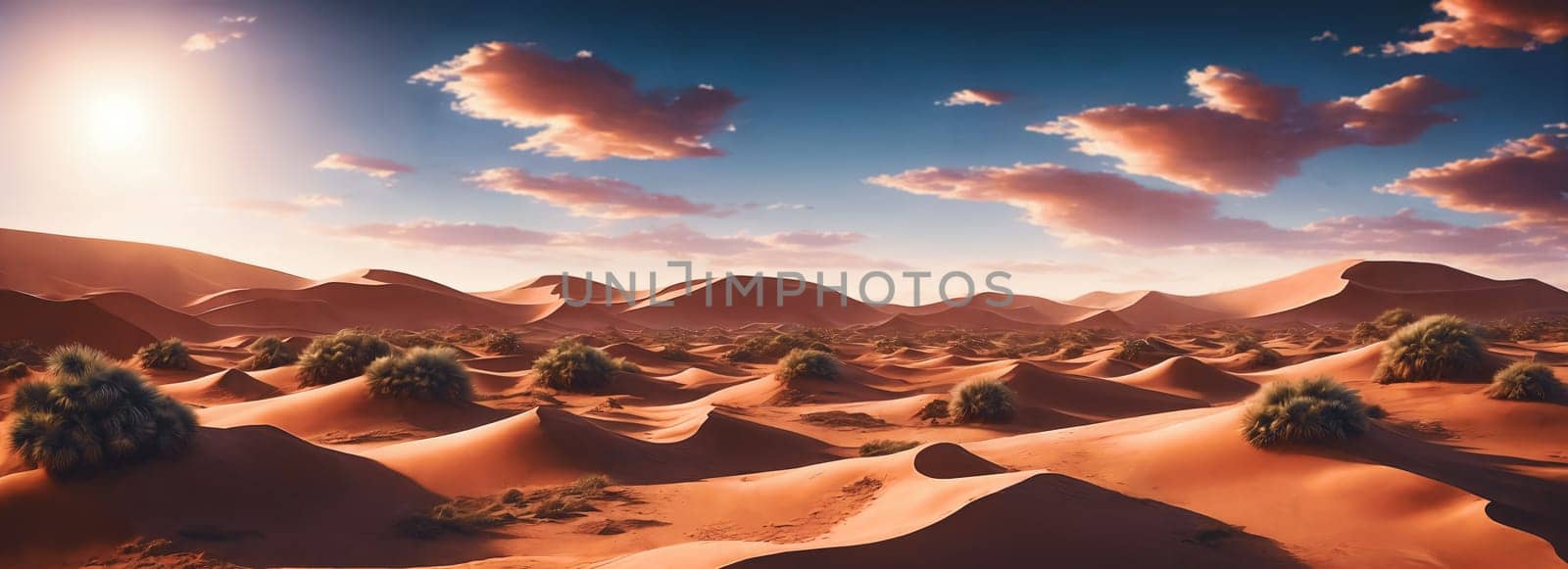 A vast desert expanse with rolling dunes under a cloudy, sunny sky. Generative AI