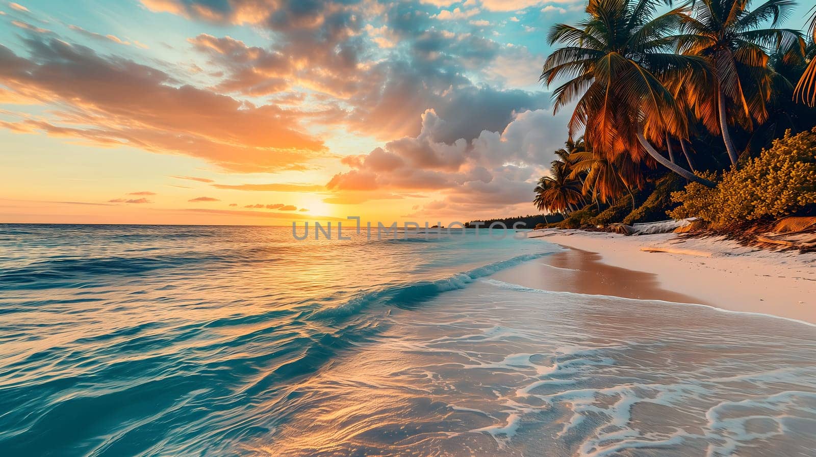 tropical beach view at sunset or sunrise with white sand, turquoise water and palm trees. Neural network generated image. Not based on any actual scene or pattern.