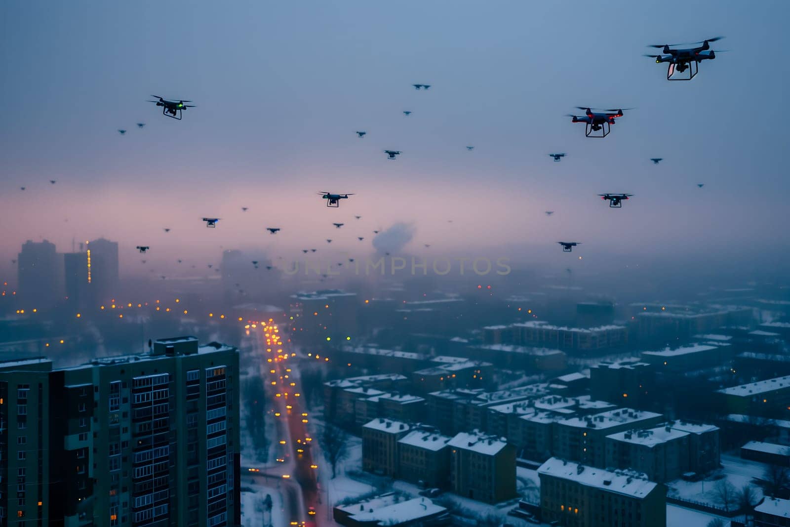 group of drones over city at winter morning or evening. Neural network generated image. Not based on any actual scene or pattern.