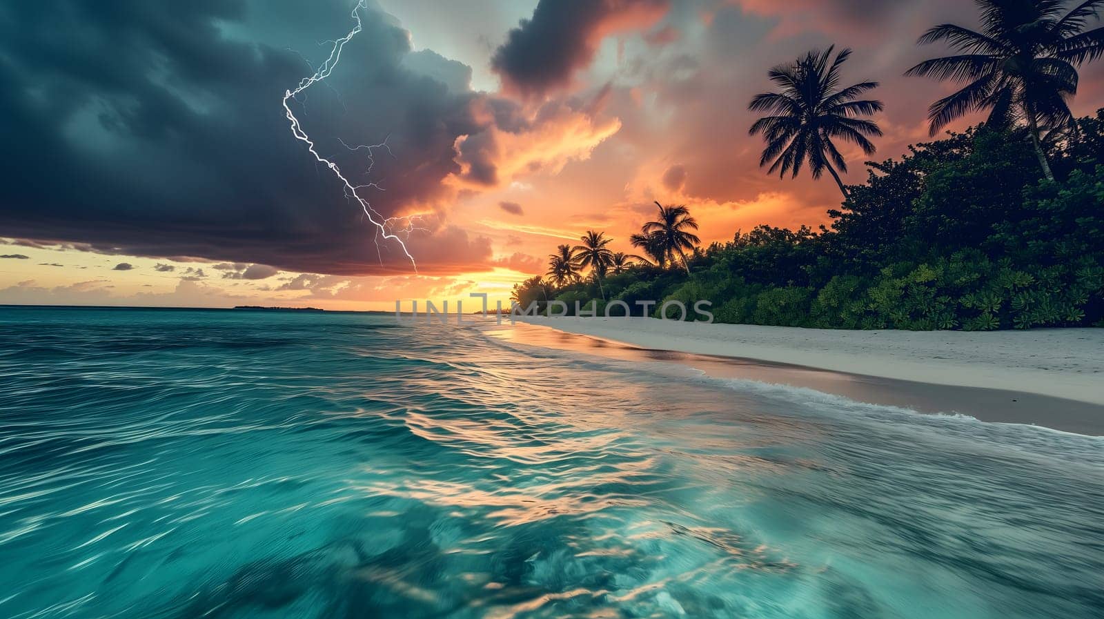 tropical beach view at cloudy stormy sunset with white sand, turquoise water and palm trees. Neural network generated image. Not based on any actual scene or pattern.