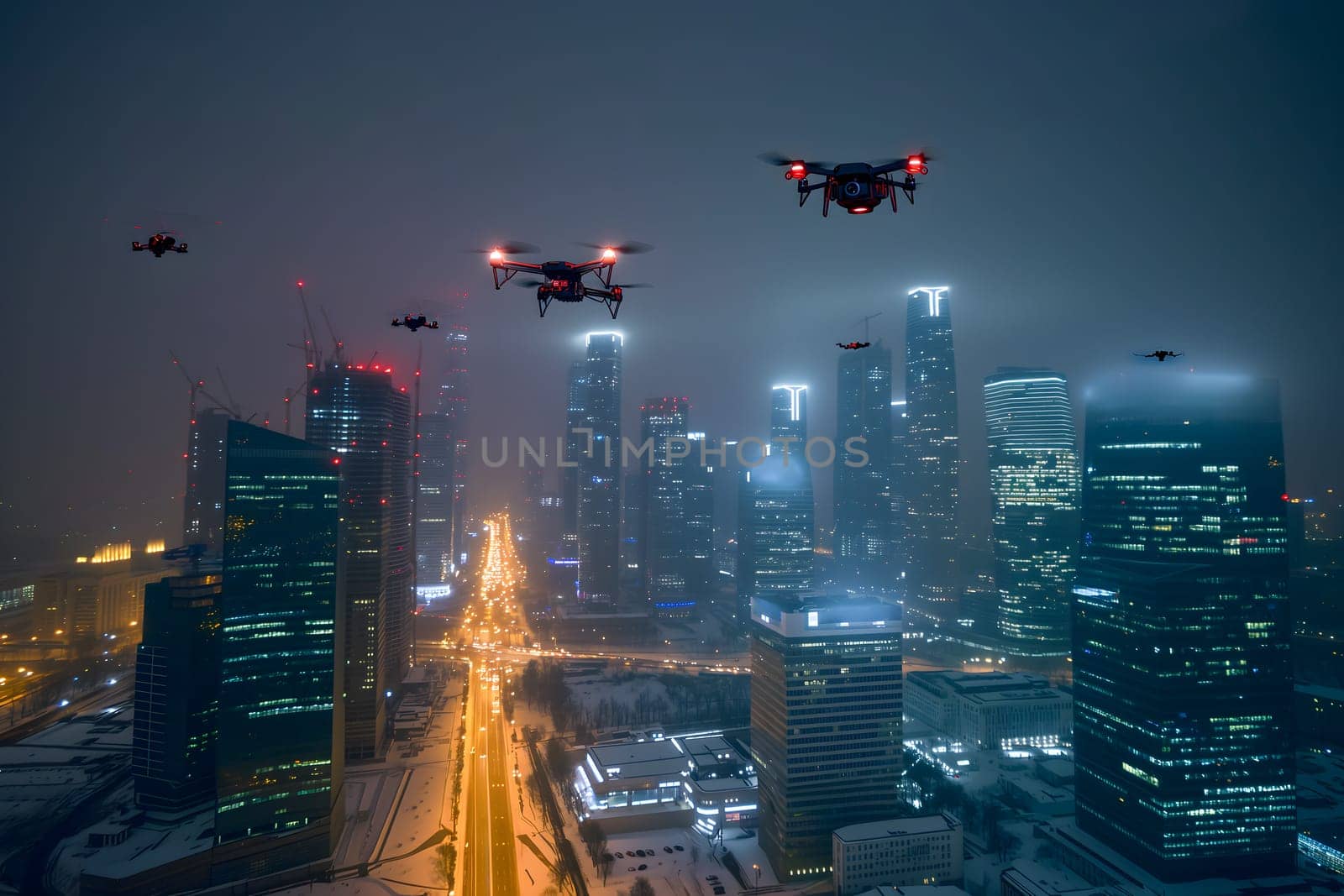 Group of drones over city at snowy winter night. Neural network generated image. Not based on any actual scene or pattern.