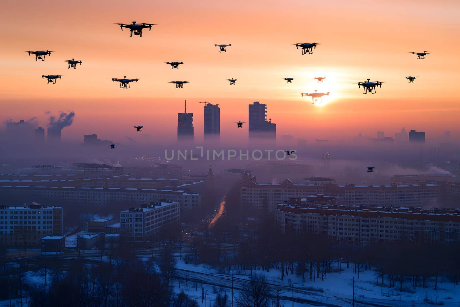 group of drones over city at winter sunset or sunrise. Neural network generated image. Not based on any actual scene or pattern.
