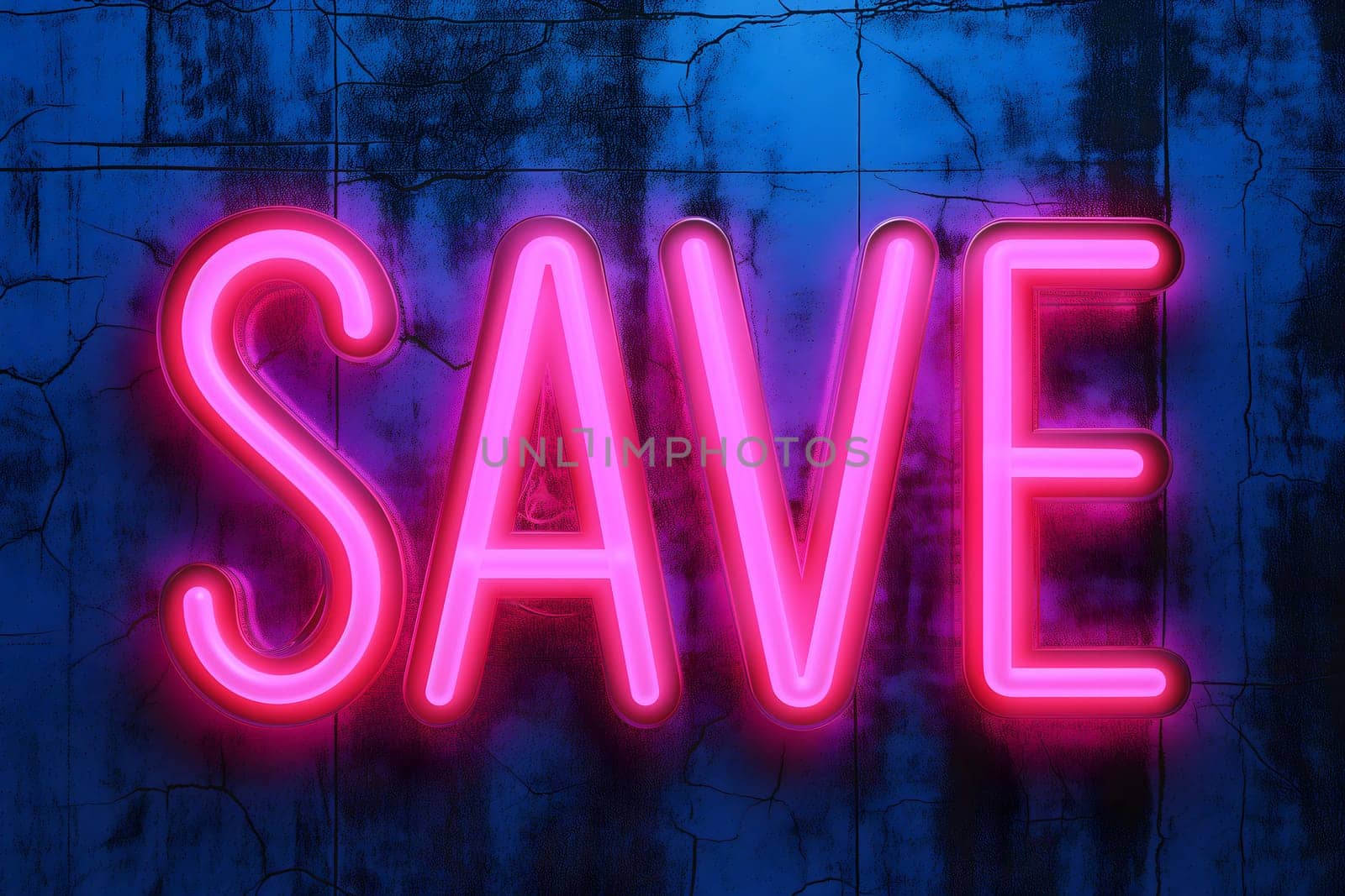 Neon word save on dark shabby wall. Neural network generated image. Not based on any actual scene or pattern.