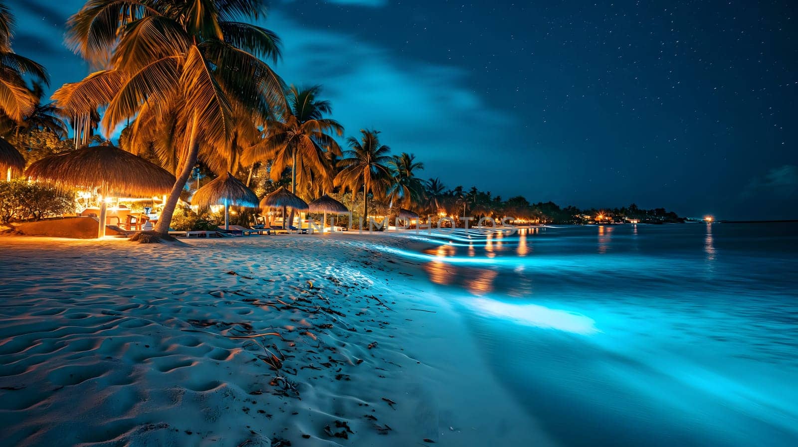 tropical beach view at starry night with white sand, turquoise water and palm tree. Neural network generated image. Not based on any actual scene or pattern.