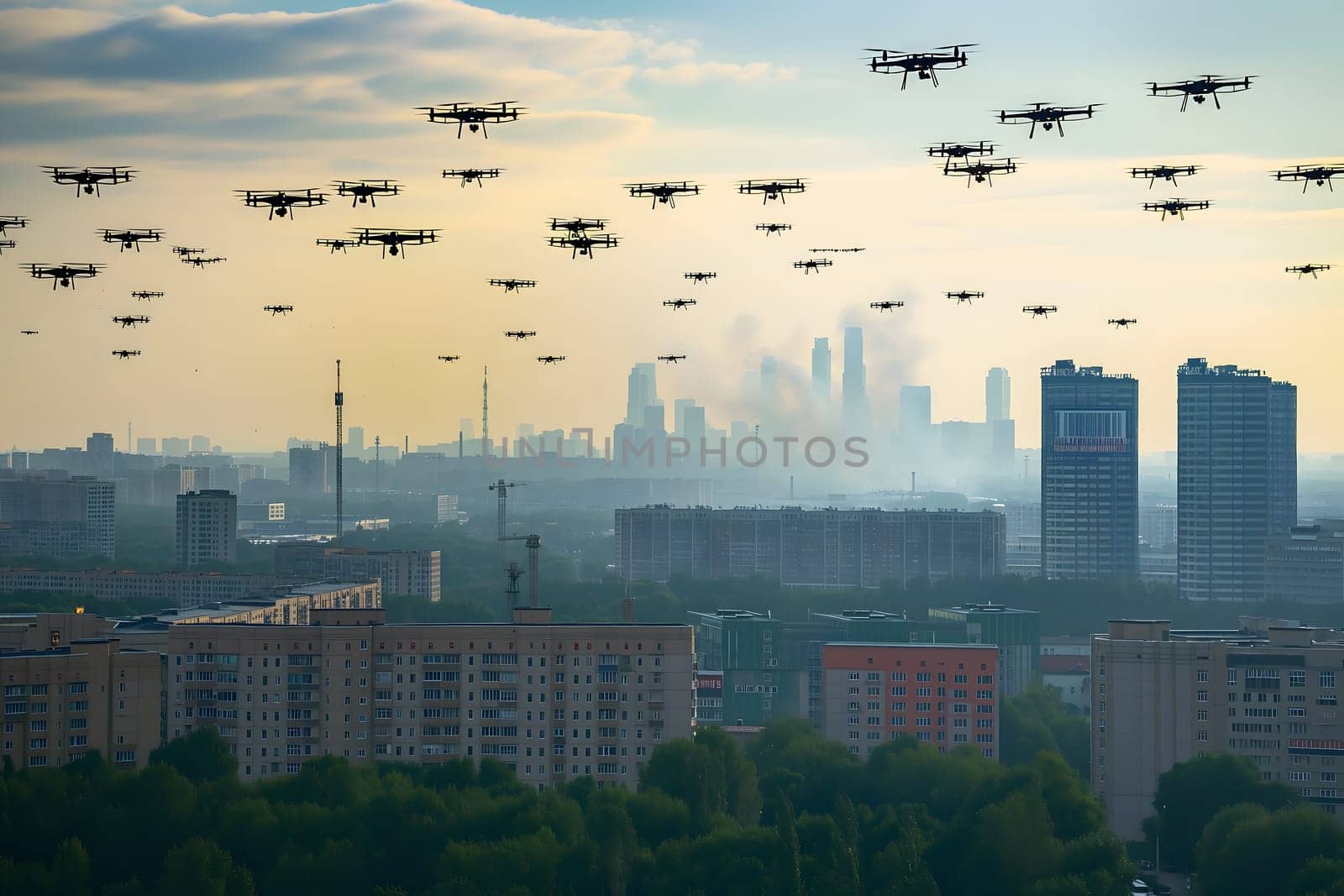 Group of drones over city at summer morning. Neural network generated image. Not based on any actual scene or pattern.