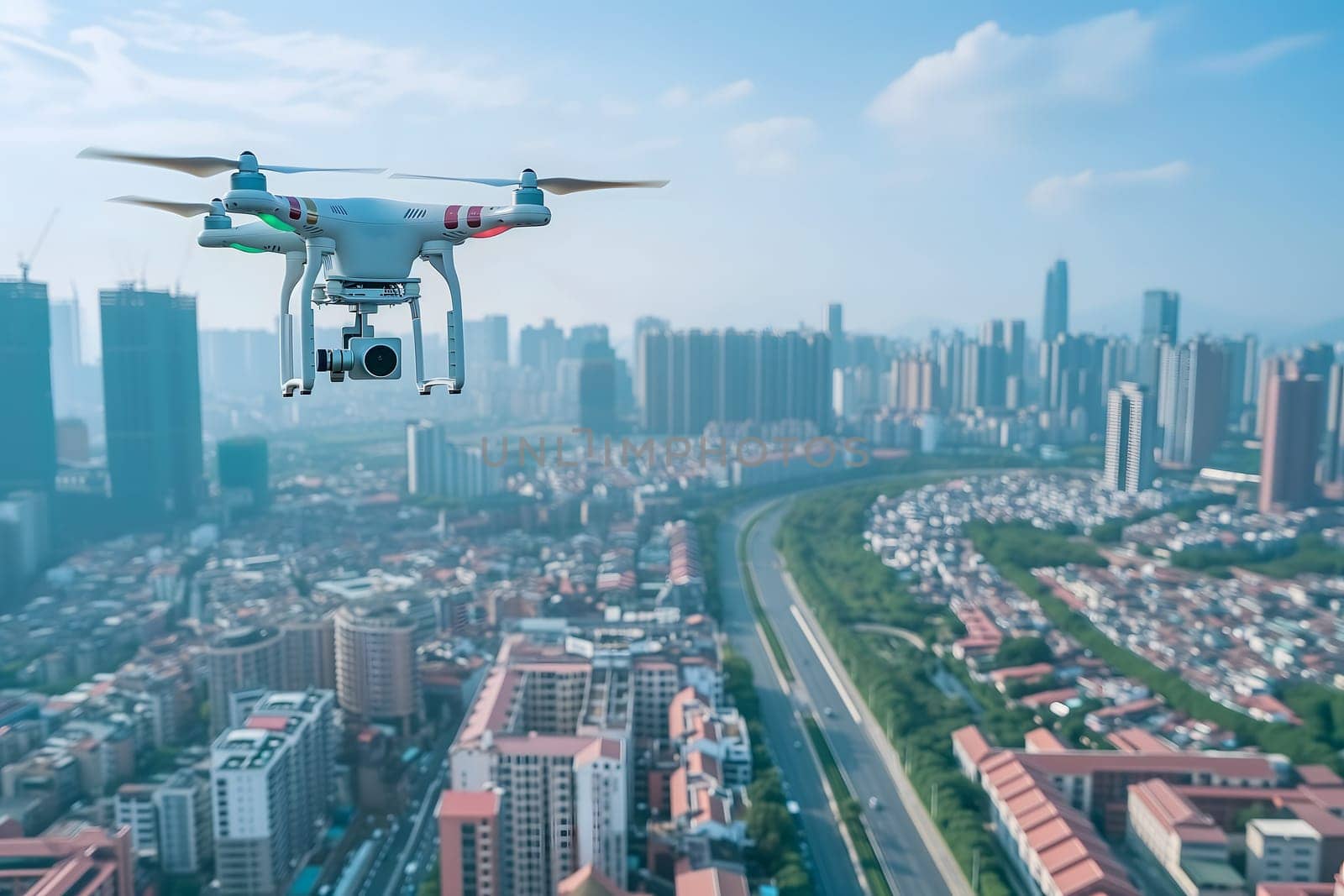 Flying drone above the city at summer day. Neural network generated image. Not based on any actual scene or pattern.