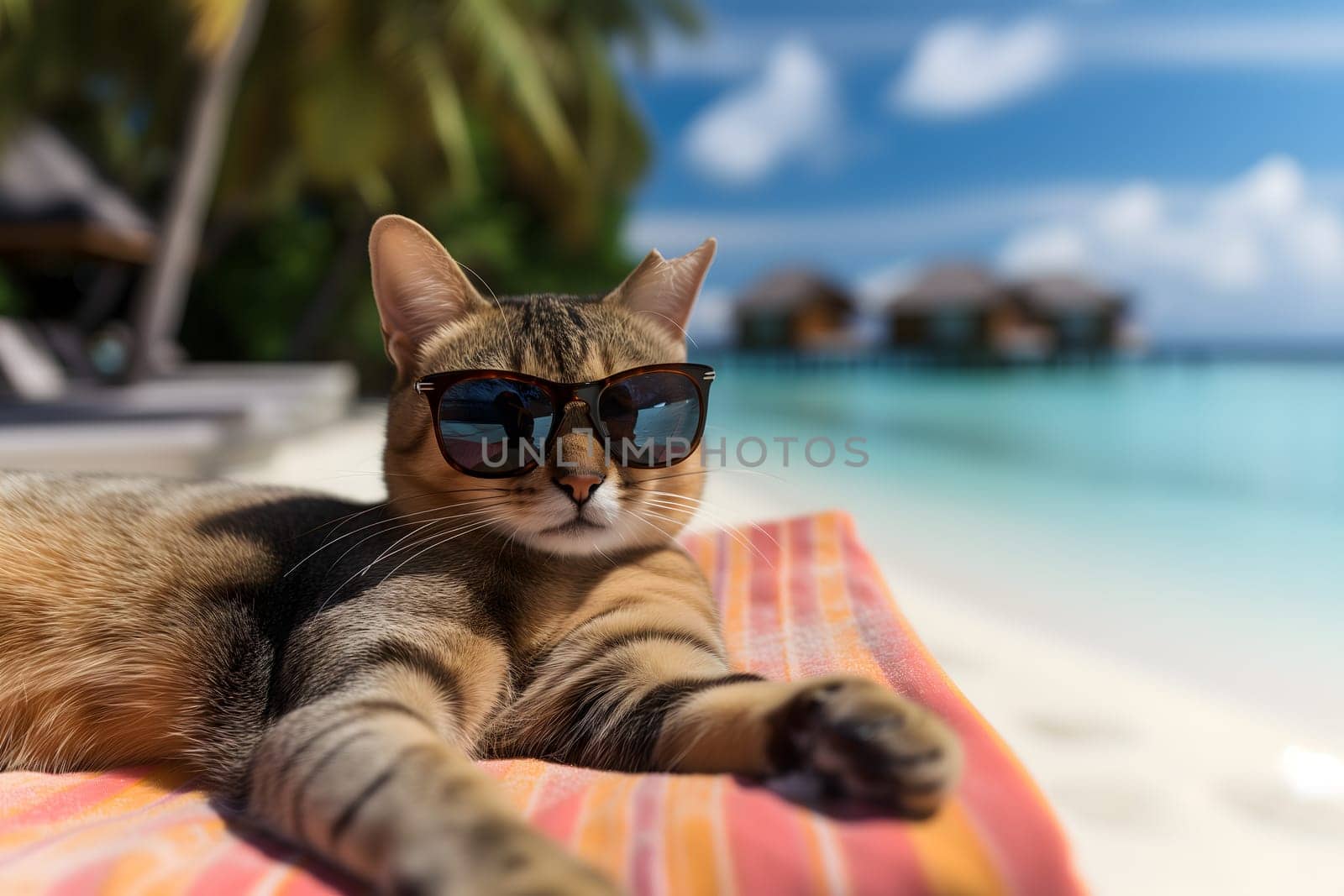 tabby cat with sunglasses laid on tropical beach, vacation theme. Neural network generated image. Not based on any actual person or scene.