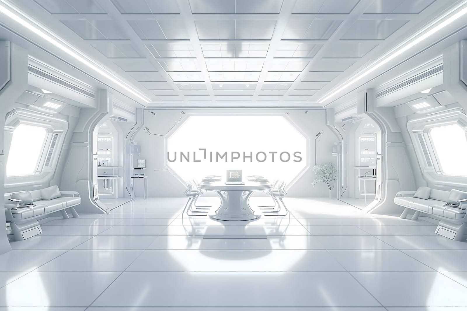 futuristic clean white space station style interior of dining room. Neural network generated image. Not based on any actual scene or pattern.
