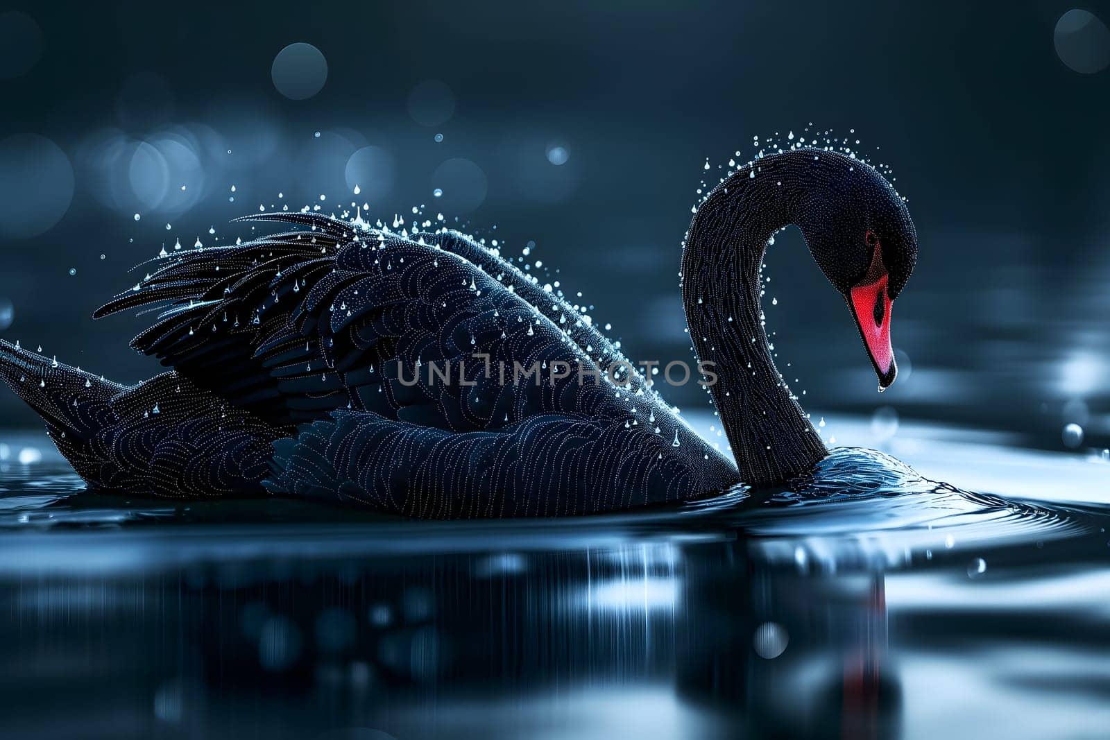 Black swan on water surface, close up. Neural network generated image. Not based on any actual scene or pattern.