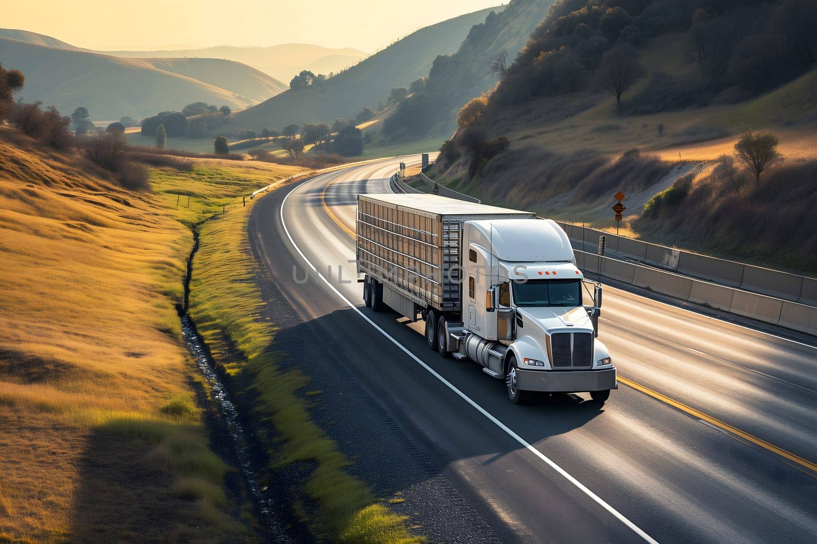 American long-nose semitruck on a highway. Neural network generated image. Not based on any actual scene or pattern.