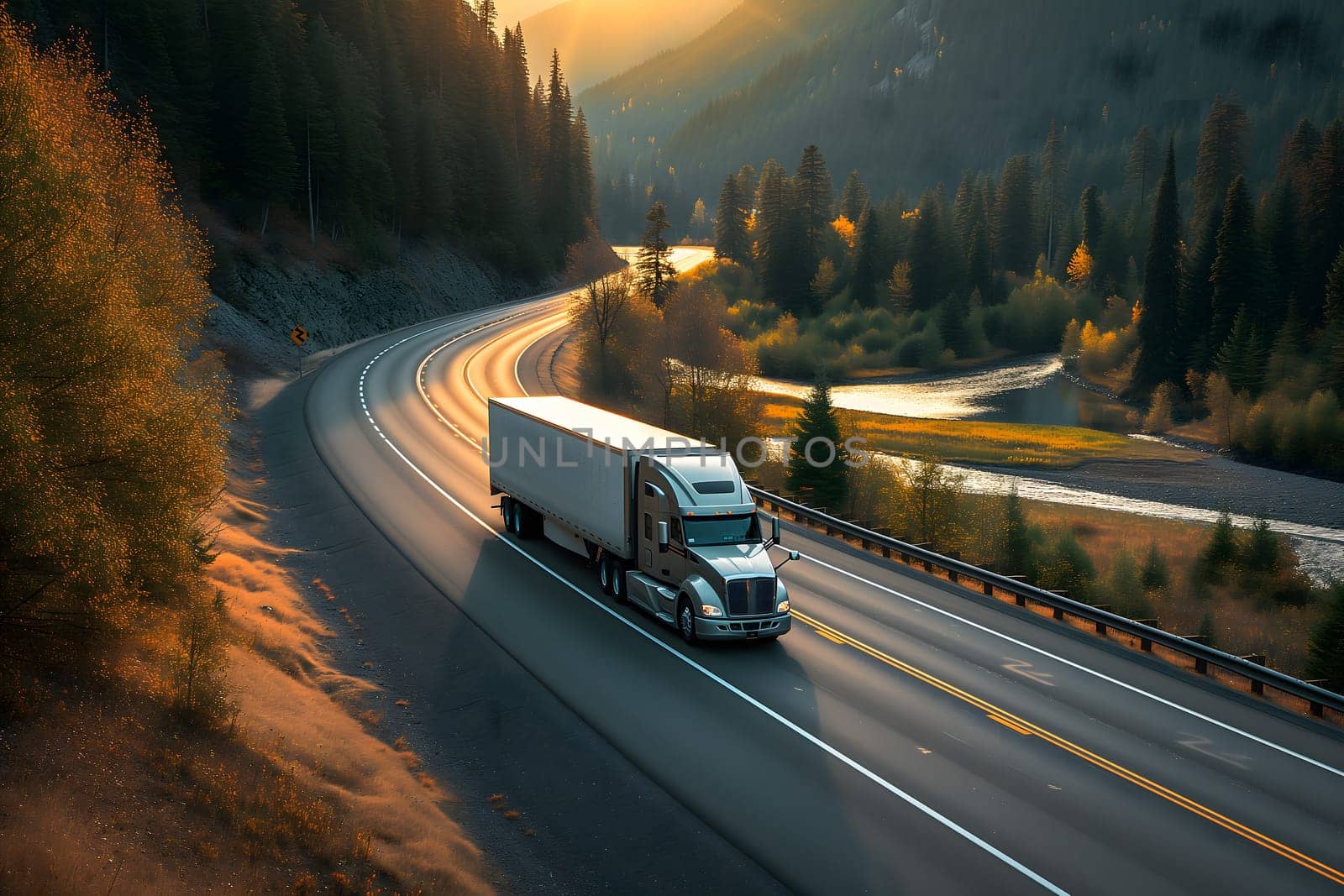 American long-nose semitruck on a highway. Neural network generated image. Not based on any actual scene or pattern.
