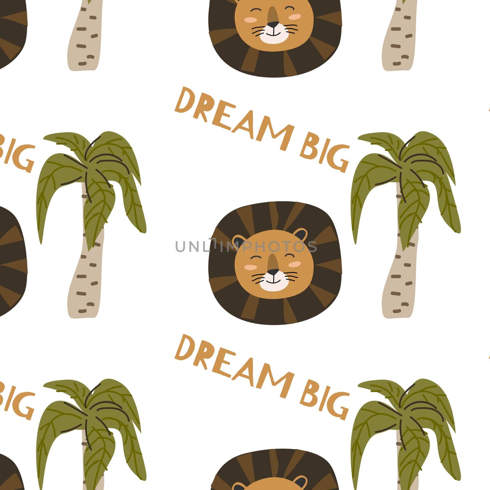 cute scandinavian lion with dream big lettering - seamless pattern. Vector illustration with lion wild jungle animal, tropical plants palm or leaves.