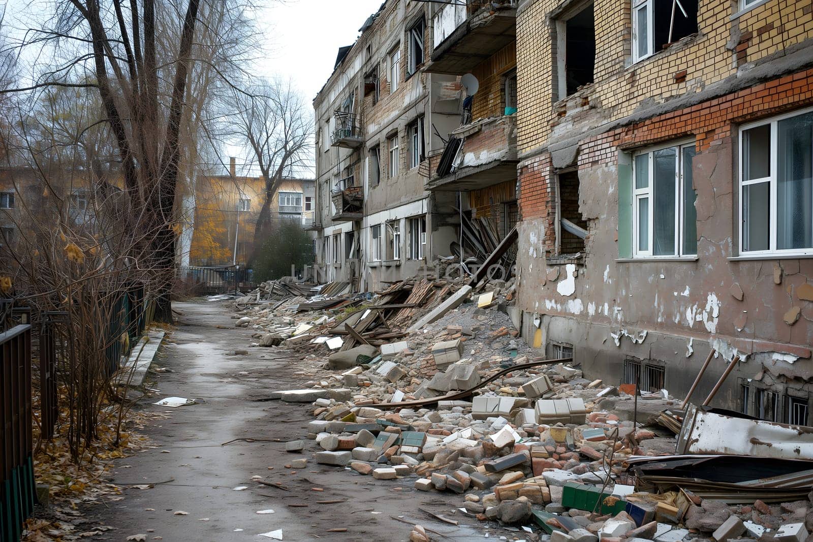 Ruined houses street after war. Neural network generated image. Not based on any actual scene or pattern.